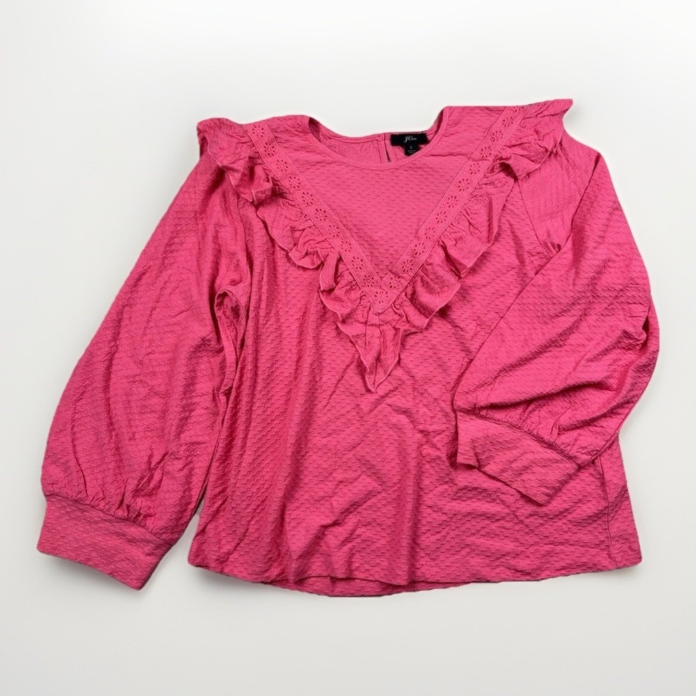 J. Crew Blouse Size Large Pink Ruffle Trim Honeycomb Knit Cotton Long Sleeve NEW